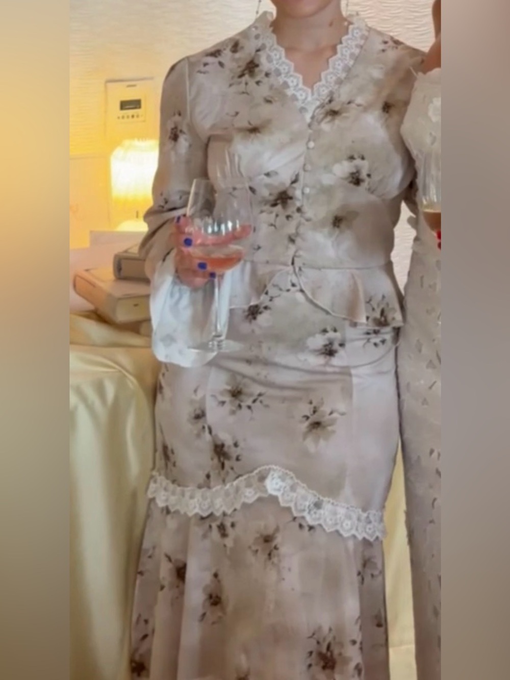 Floral Lace-Trim Midi Skirt and Top - Light Mauve